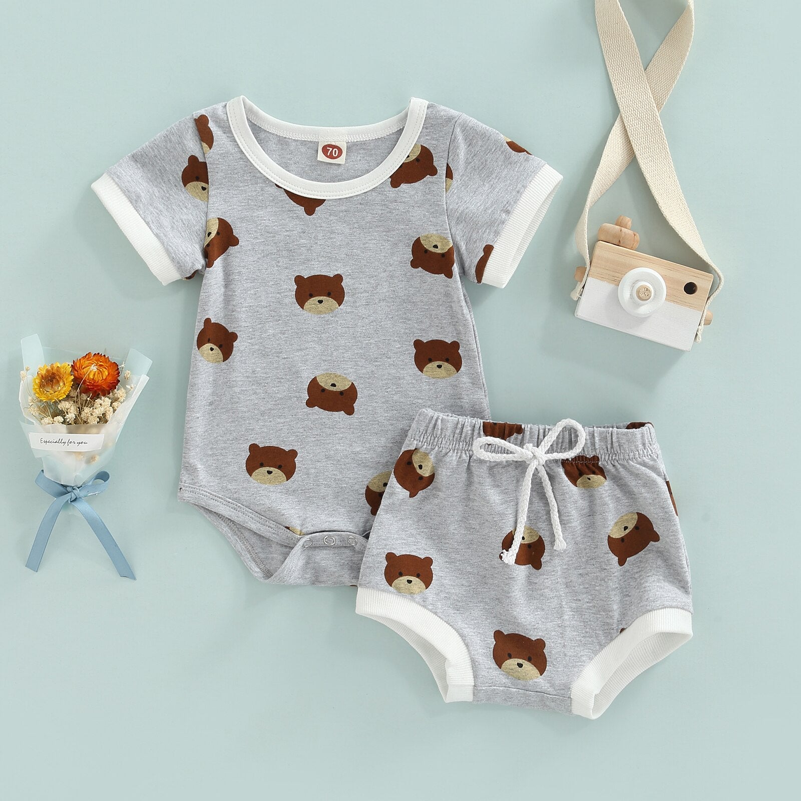 Adorable Baby Girl Boy Jumpsuit Set with Cute Cartoon Bear Print for Summer