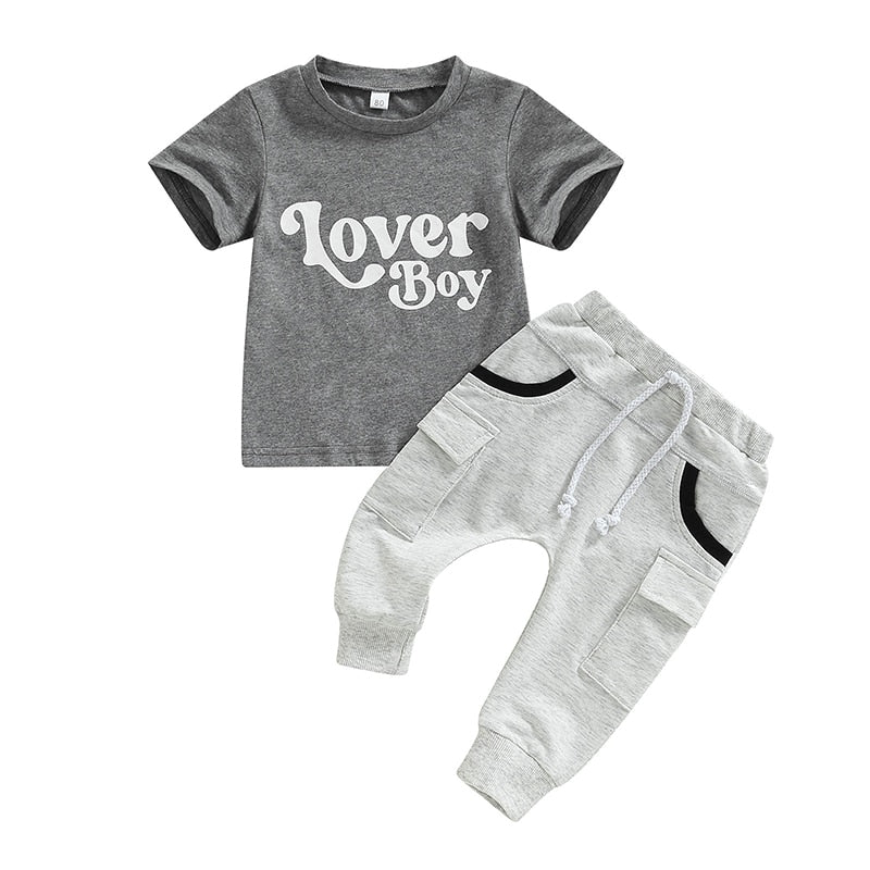Stylish Summer Boys' Clothing Sets - Gray Letter Print Short Sleeve T-shirt and Long Pants