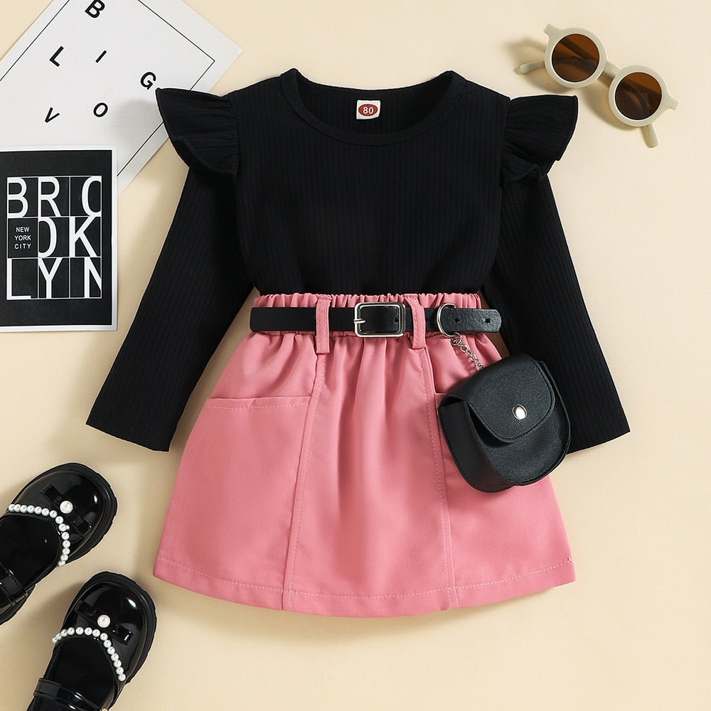 9M-4Y Kids Dress for Girls: Long Sleeve Pullover Tops T-Shirt+Skirt With Bag Baby Dresses Children Clothing