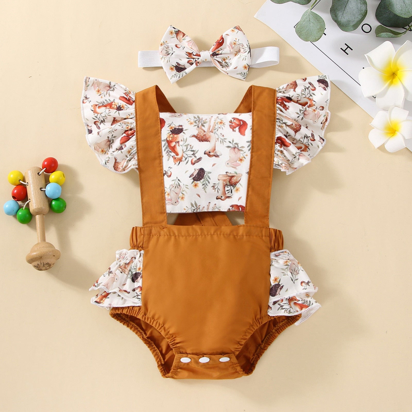 Adorable Newborn Baby Girls Romper with Flying Sleeves and Animal/Flower Print