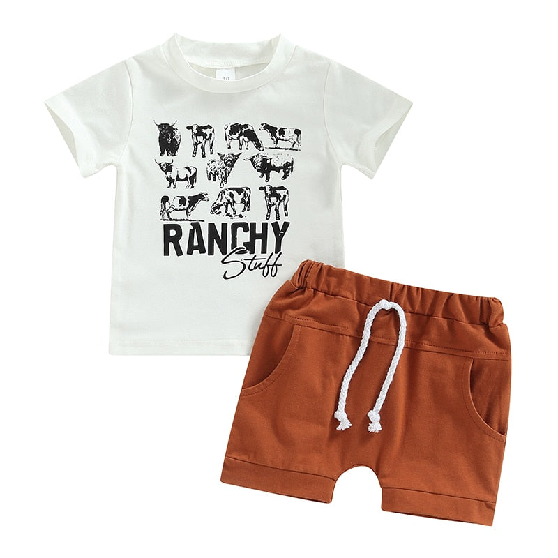 Summer Baby Clothes Sets Cow Letter Print T-shirt and Drawstring Shorts Outfit for Boys