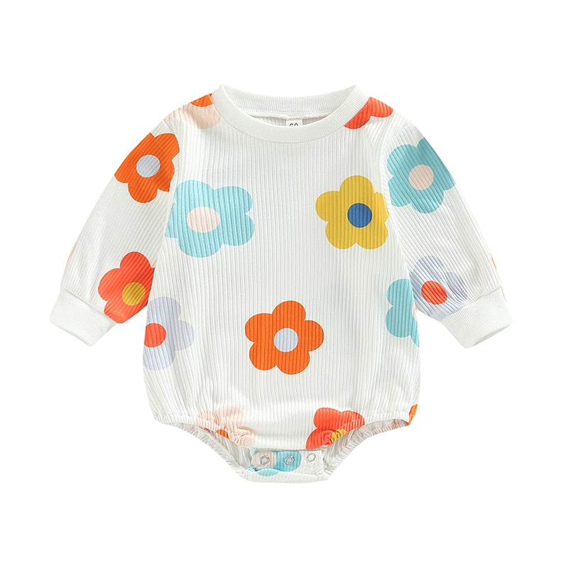 Lovely Autumn Newborn Baby Girls Ribbed Rompers with Flower Print