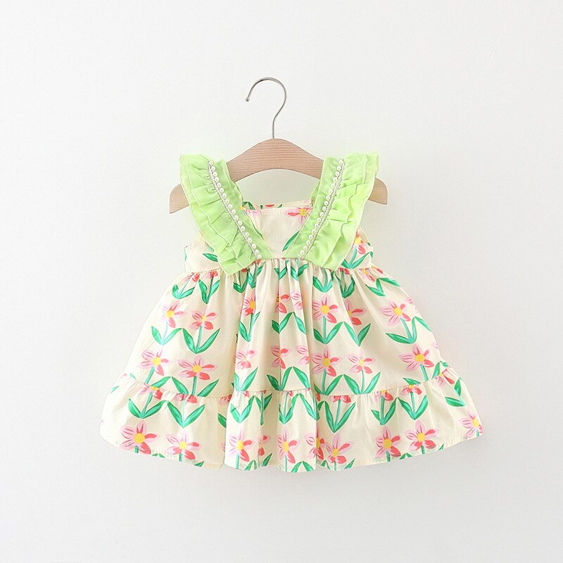 Korean Style Flower Baby Girl Dresses with Double Sloping Shoulders and Pearl Details