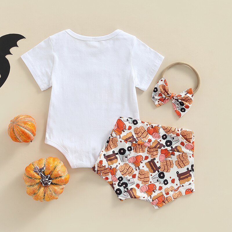 Cute Halloween Baby Girl Clothes Set - Pumpkin/Letter Print Bodysuits, Shorts, Headband