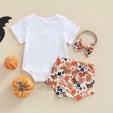 Adorable Halloween Baby Girl Clothes Set - Pumpkin/Letter Print Bodysuits, Shorts and Headband
