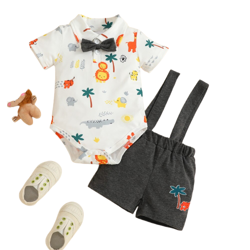 Animal Print Baby Clothes Set - Bowtie Bodysuit and Overalls for Infant Boys