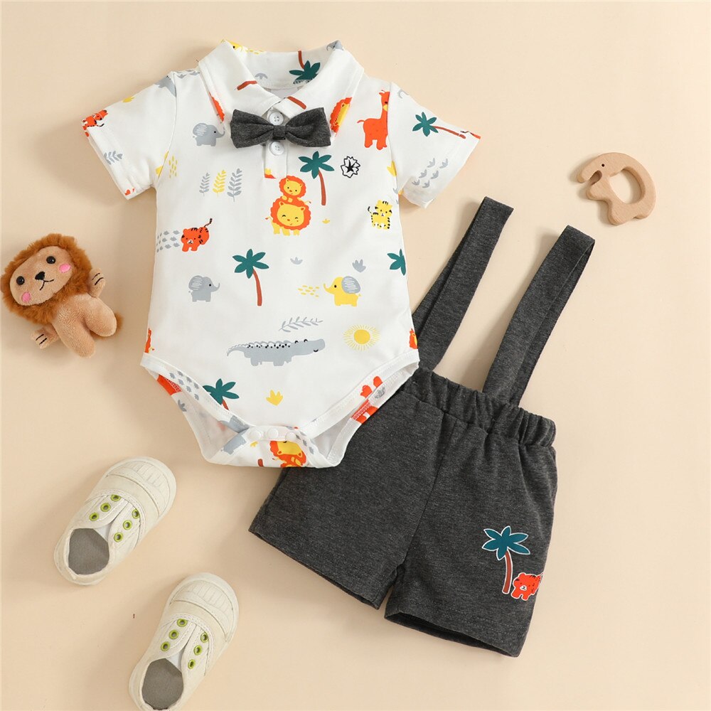 Animal Print Baby Clothes Set - Bowtie Bodysuit and Overalls for Infant Boys