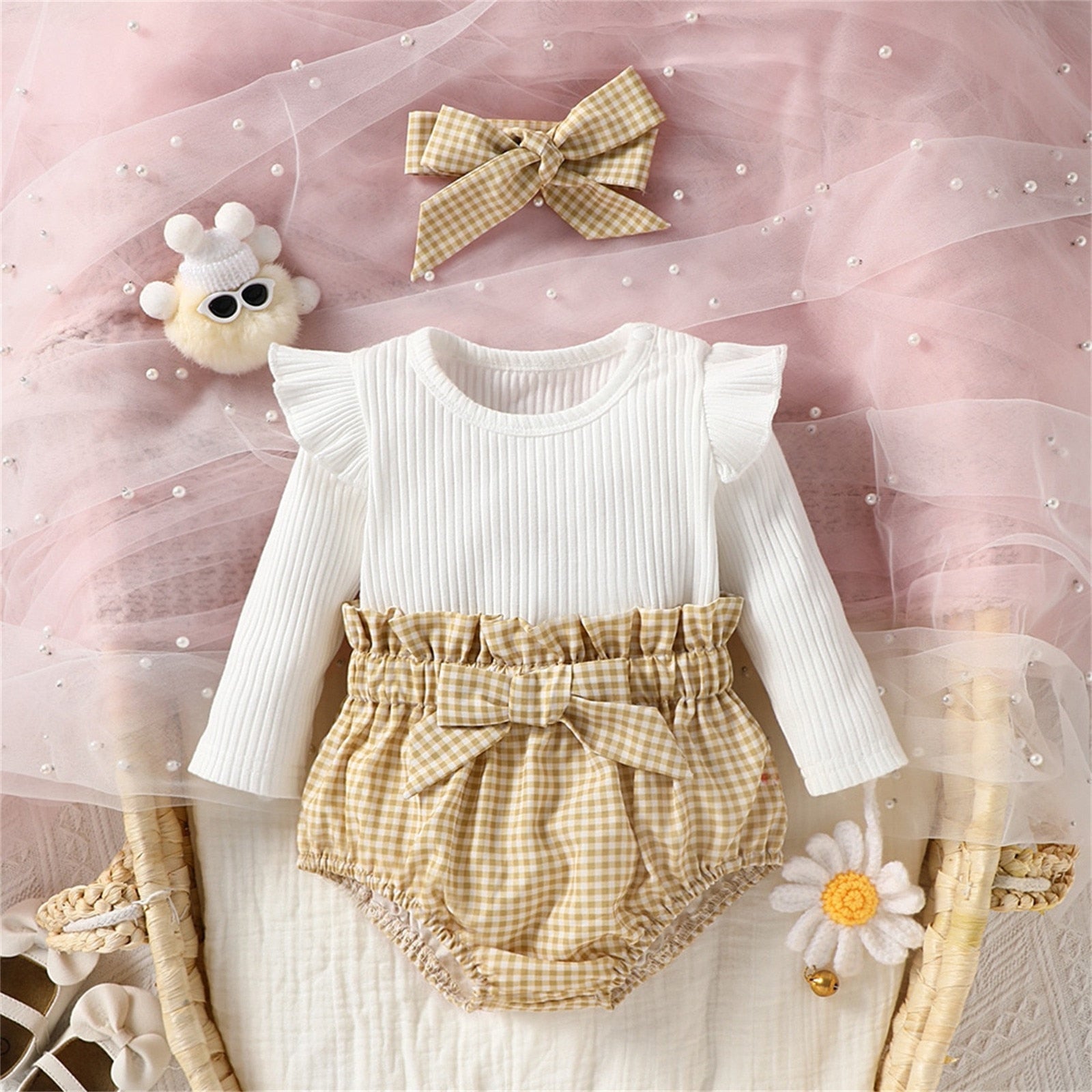 Newborn Infant Baby Girls Clothes Sets: Spring Long Sleeve Soild Tops+Plaid Shorts+Hairband