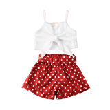 Toddler Baby Girl Summer Clothes Set - Solid Color Strap Bowknot Crop Tops Polka Dot Short Pants Outfits - Babbez