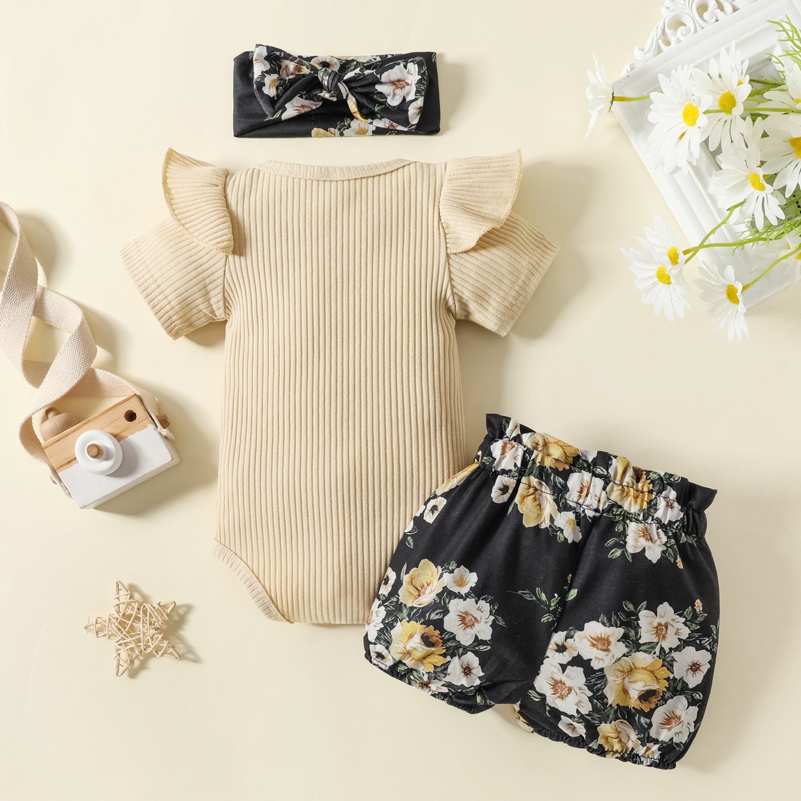 Adorable Infant Baby Girls Summer Clothes Sets - Short Sleeve Ribbed Romper Bodysuit+Shorts+Headband Sets
