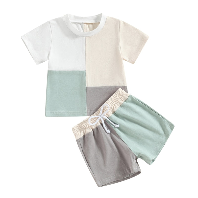 Summer Toddler Clothes: Patchwork Color Short Sleeve T-shirt and Elastic Waist Shorts Outfit for Boys