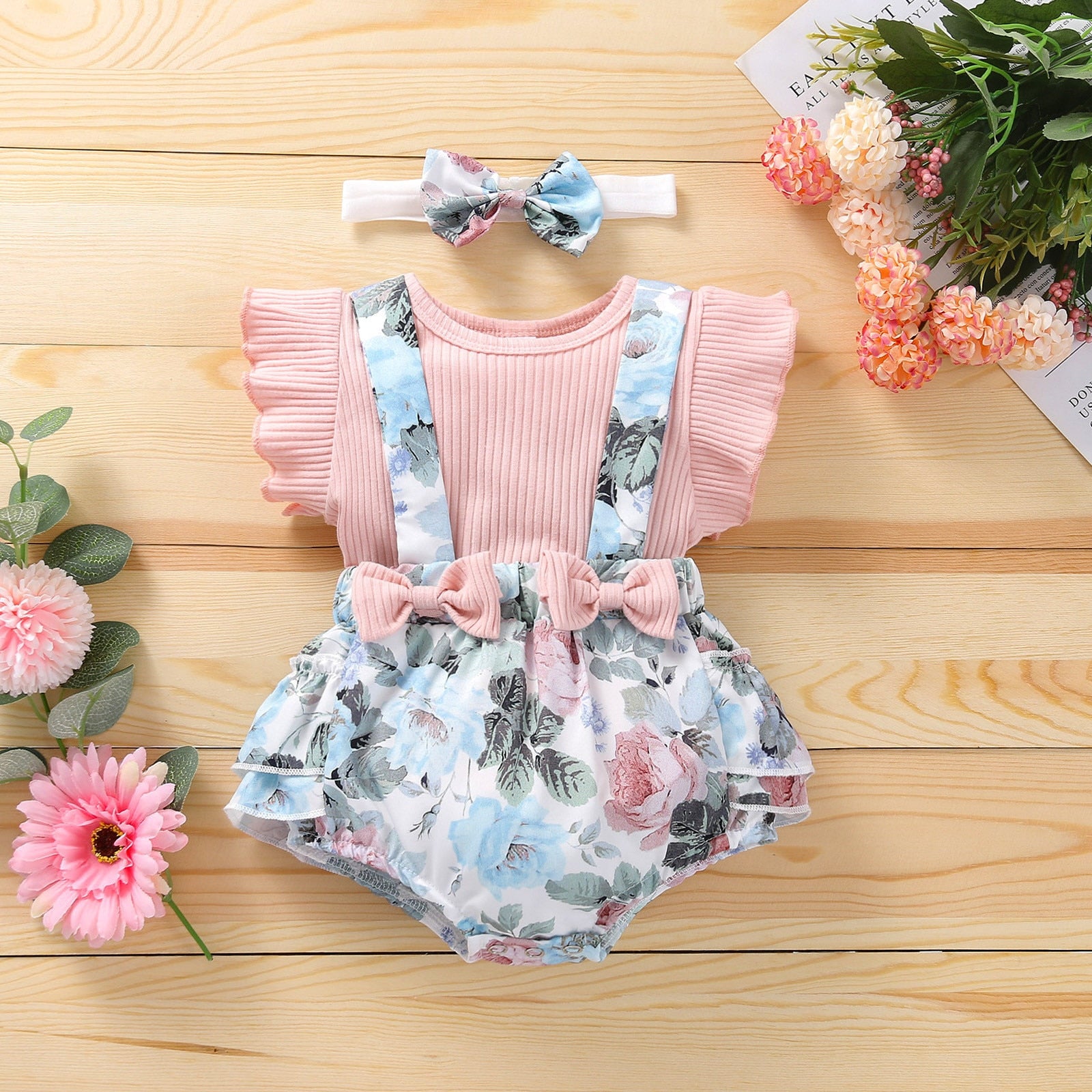 Adorable Newborn Infant Baby Girl Clothes Set with Soft Knitted T-Shirt, Bow Flower, Leopard Suspender Shorts