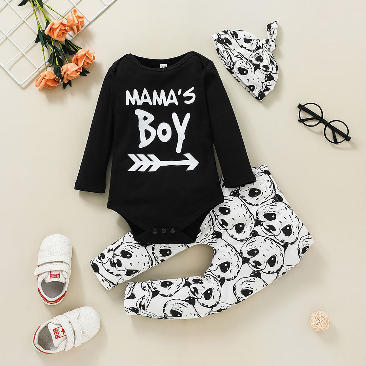 Newborn Clothes Baby Boy Girl Long-sleeved Romper Print Trousers Hat Three-piece Set Cotton Infant Toddler Kids Clothing