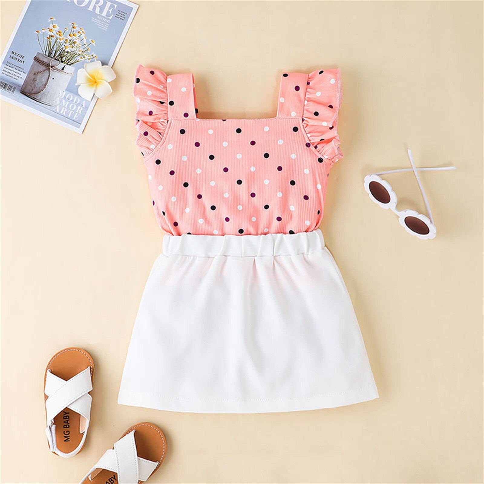 Infant Baby Girls Clothes Sets Summer New In Polka Dot Sleeveless T-Shirt Tops Button Skirts Set Outfits 1-5 Years Girls Clothes