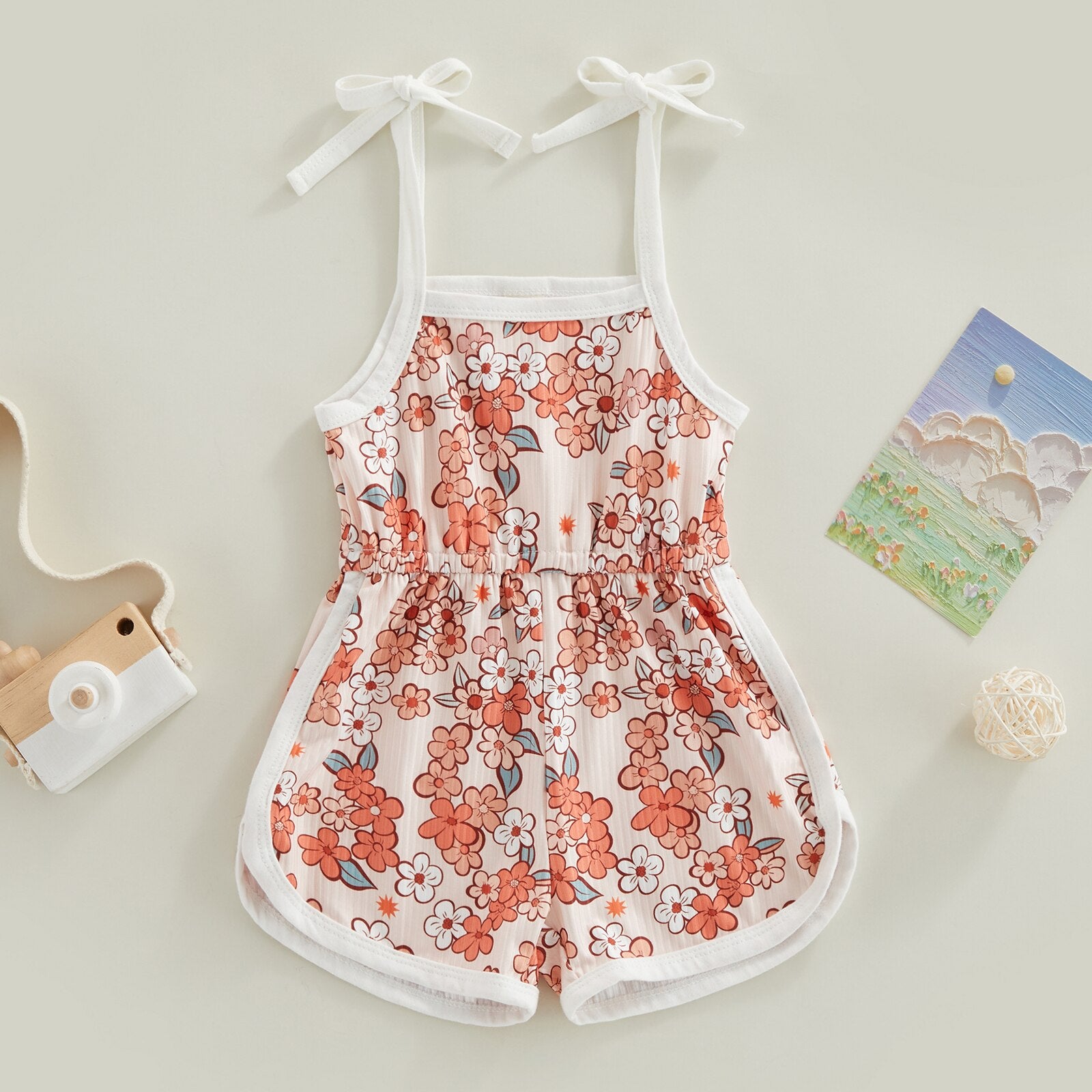 Toddler Kids Girl Summer Jumpsuit Cartoon Flower Print Sleeveless Sling Tie-Up Romper Shorts