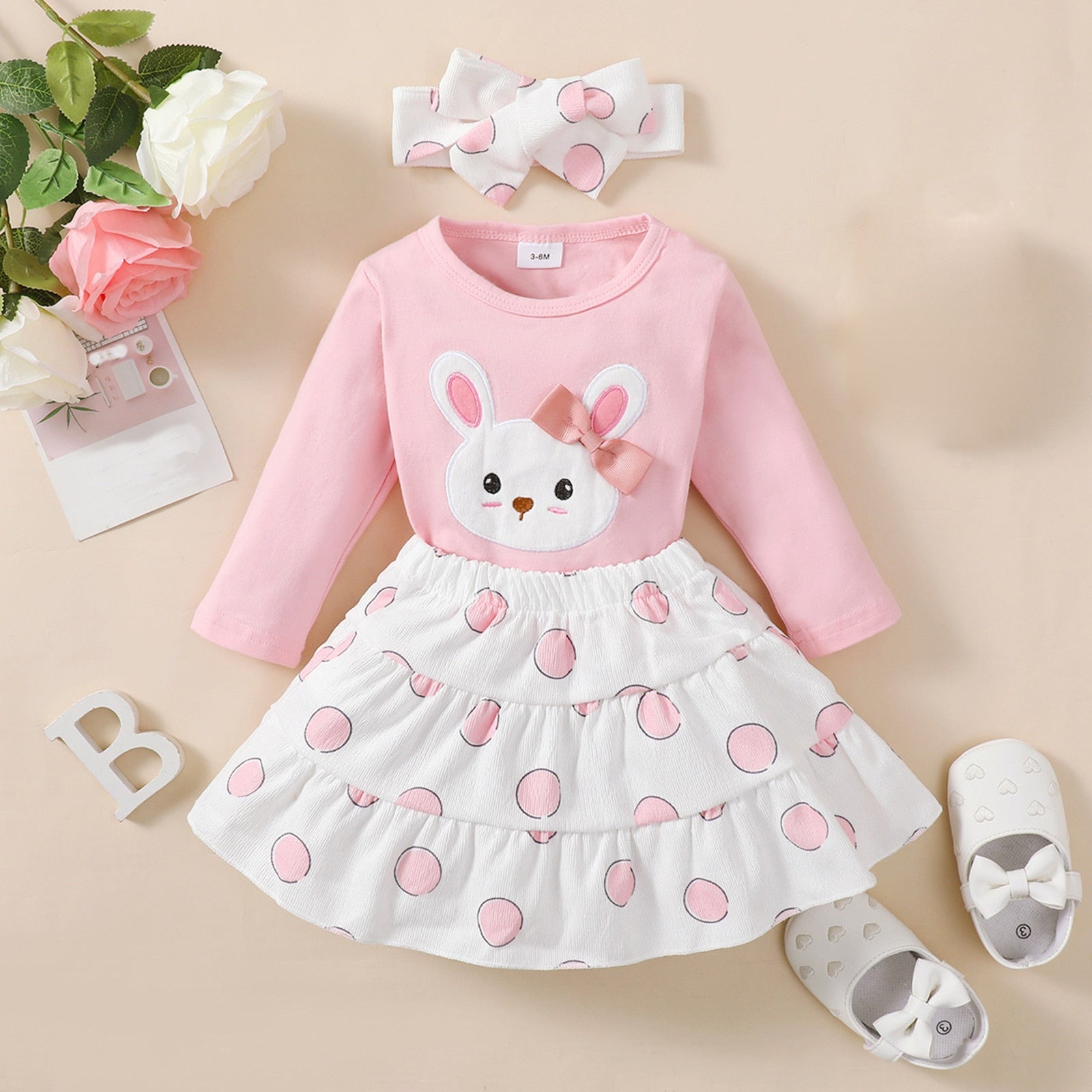 Easter Baby Girls Clothes Sets: Bunny Bow T-shirt, Dot Ruffle Skirt, and Headband Sets for Newborns and Toddlers