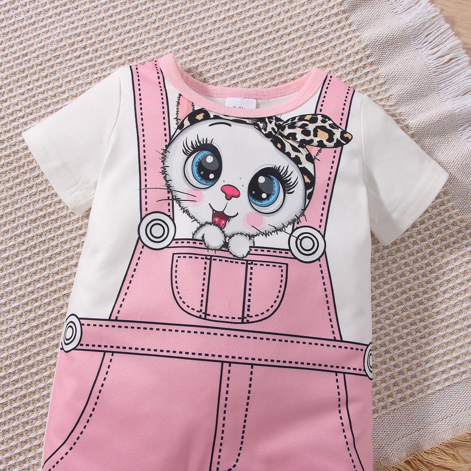 Adorable Baby Girl Cat Print Short-sleeve Faux-two Jumpsuit