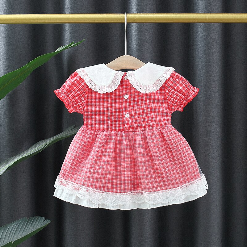 Summer Plaid Baby Girl Dress with Lace Bow and Puff Sleeves