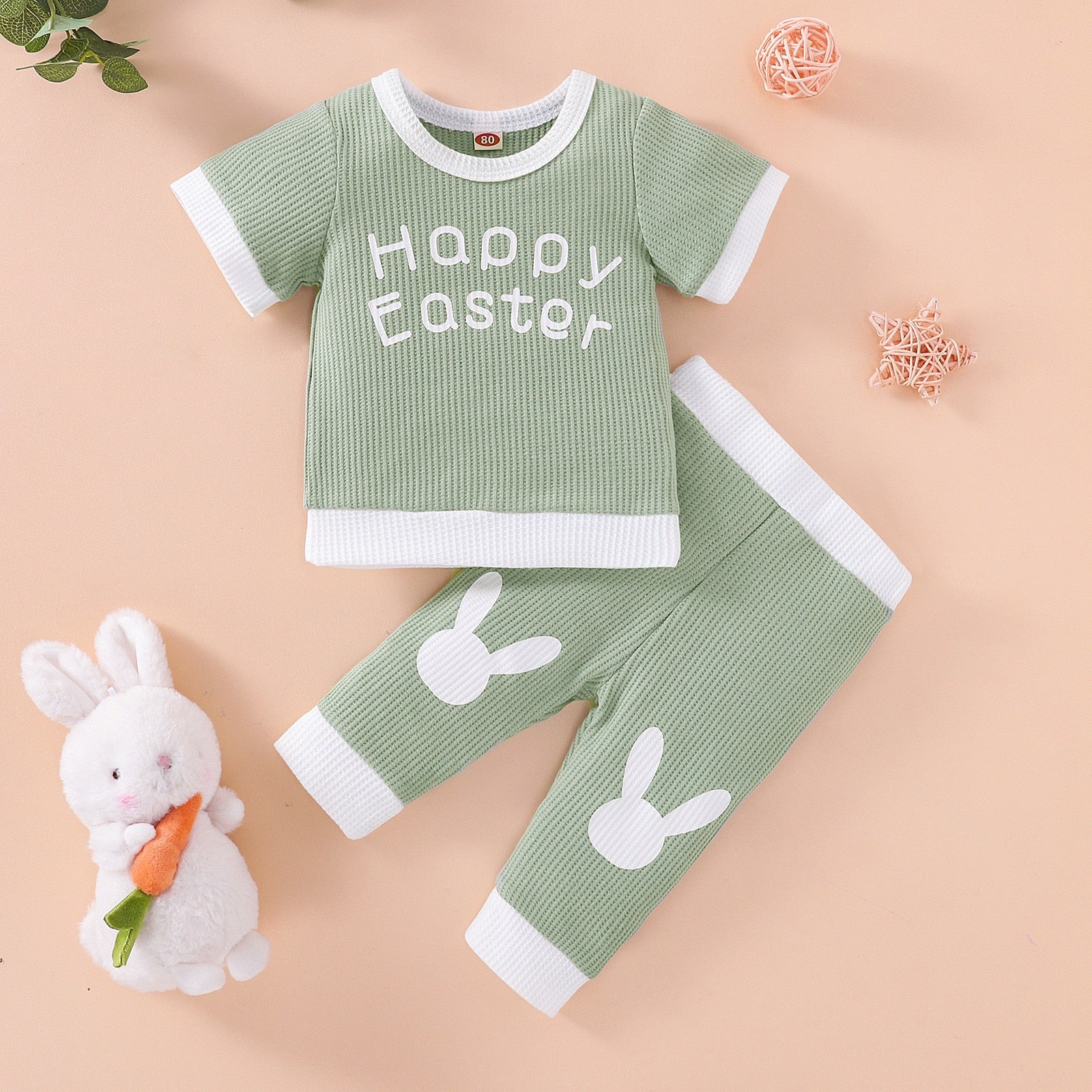 Adorable Easter Day Outfits for Baby Girls: 2pcs Short Sleeve T-Shirts and Long Pants Sets with Cute Rabbit Prints