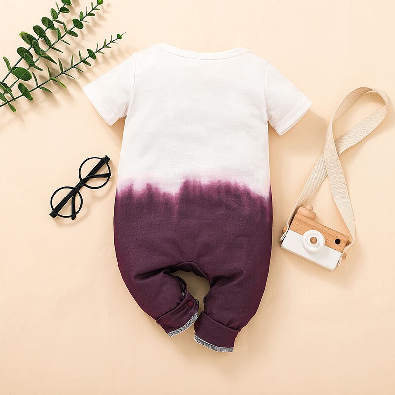 Cute Infant Baby Summer Jumpsuit Short Sleeve Round Neck Romper Cartoon Letter Pattern Gradient Color Bodysuit