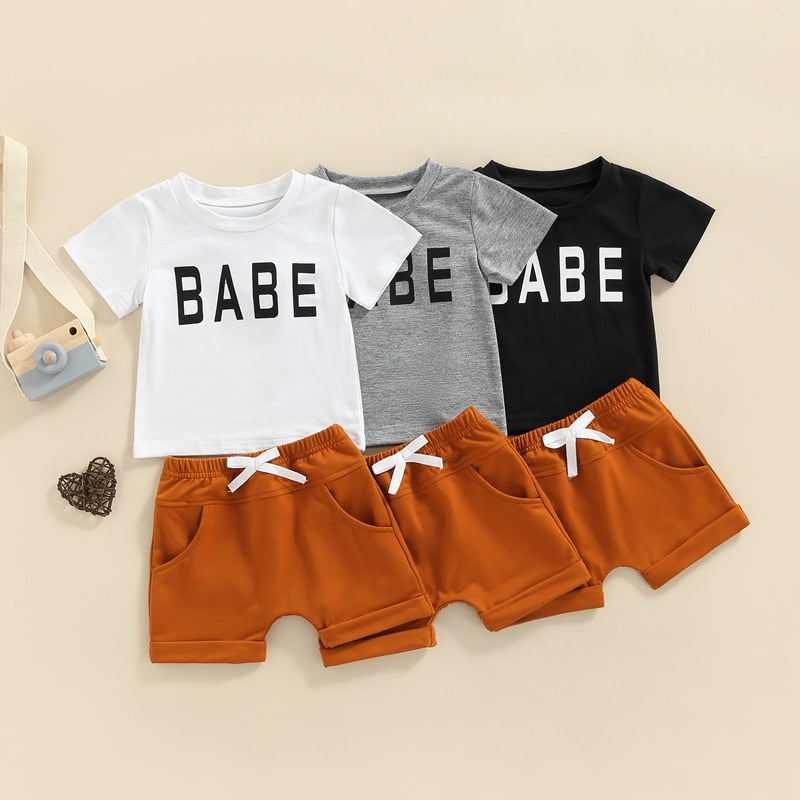 Unisex Newborn Infant Baby Clothes Sets Boys Girls Short Sleeve Letter Print T-Shirts Knot Front Shorts 2pcs Casual Suits