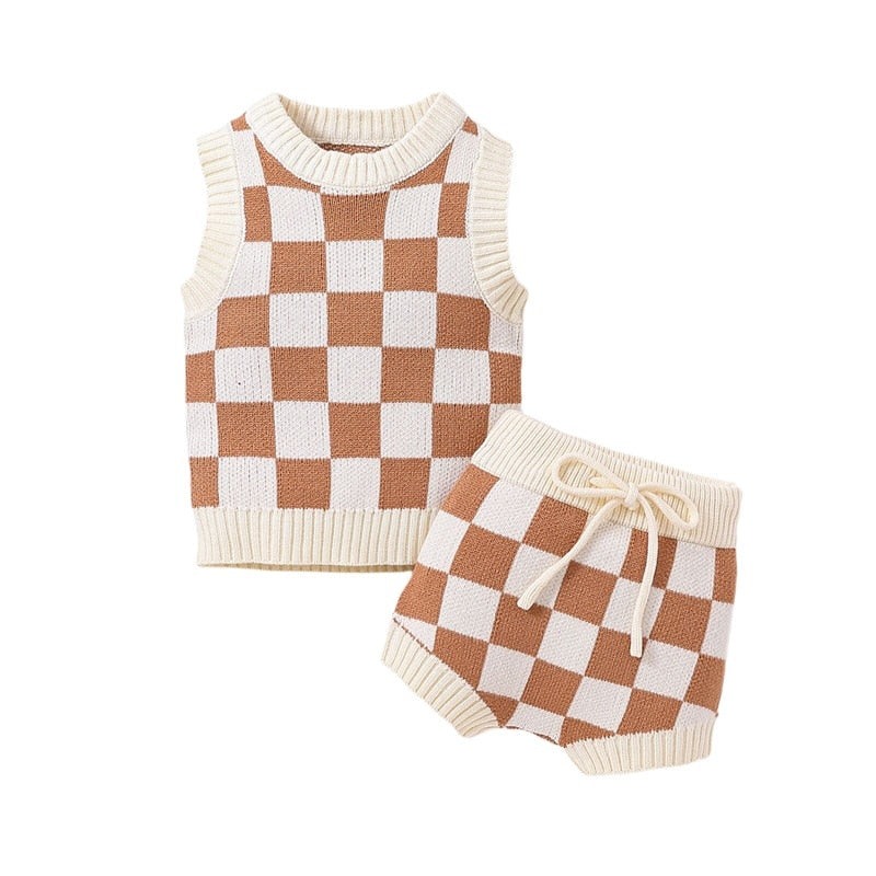 Trendy Checkerboard Printed Knitted Vest and Shorts Set for Newborn Baby Boys and Girls