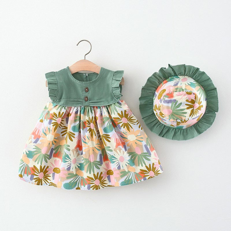 Retro Flower Beach Dress Set for Baby Girls