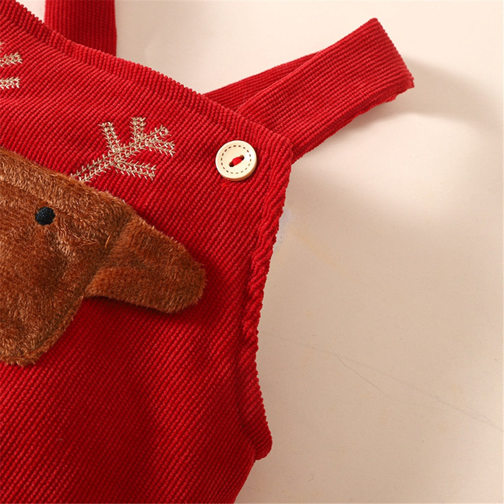 Adorable Baby Christmas Costume Set: Red Striped Top and Deer Overalls