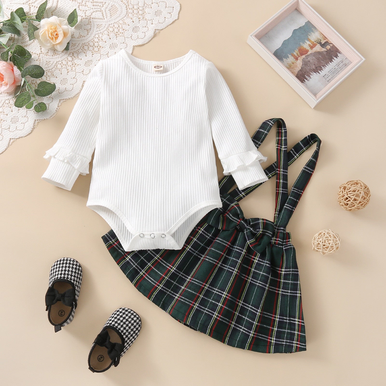 Newborn Infant Baby Girls Clothes Sets: Spring Collection of Ribbed Long Sleeve Romper Bodysuit and Plaid Suspender Dress Princess Sets