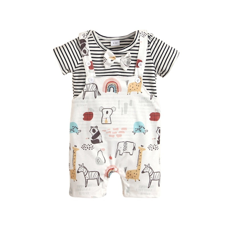 Adorable Newborn Baby Casual Suit with Stripe Printed Tops and Cartoon Animal Printed Suspender Pants for Summer