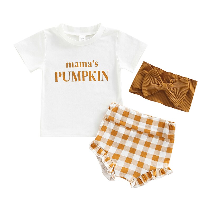 Adorable Holiday Baby Girl Outfit Sets: Halloween/Christmas Clothes Sets with Letter Print T-shirts, Ruffles Plaid Shorts, and Headband