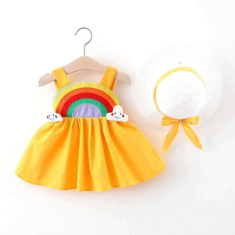 Summer Rainbow Sling Dresses for Baby Girls - 2 Piece Set with Hat