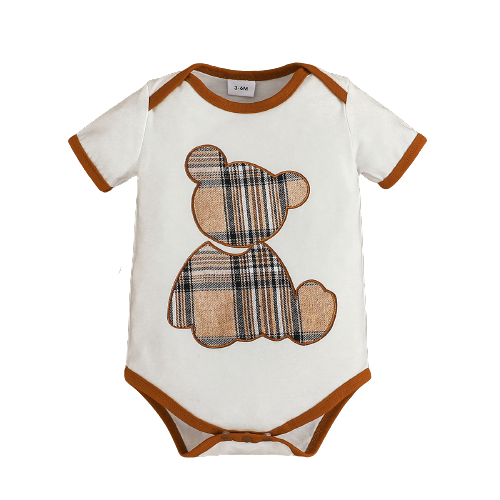 Adorable Plaid Bear Graphic Short-sleeve Romper for Baby Boys and Girls