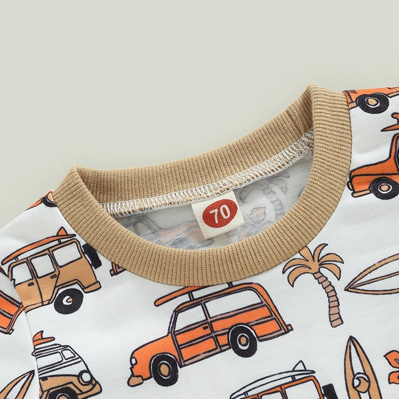 Summer Toddler Newborn Baby Boys Clothes Cartoon Car Print Short Sleeve T-shirts+High Waist Shorts Holiday Beach Outfits