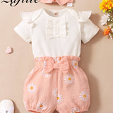 Sweet Baby Clothes Set for Summer : Letter Printed Bodysuit + Heart Printed Shorts