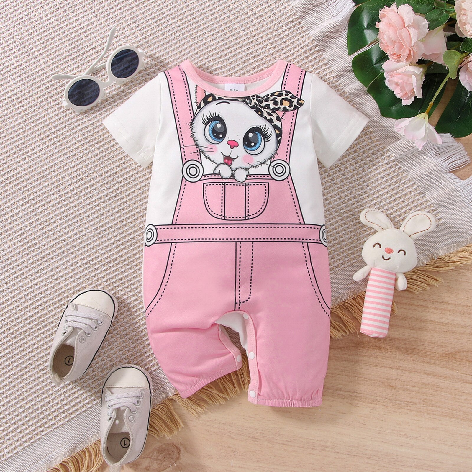 Adorable Baby Girl Cat Print Short-sleeve Faux-two Jumpsuit