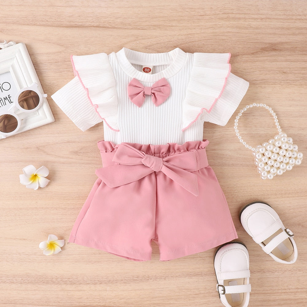 2-piece Summer Outfit for Baby Girls Ruffled Pullover and Bow Shorts - Babbez