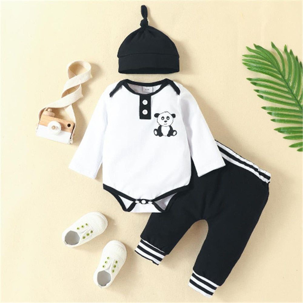 Adorable Autumn/Winter Baby Boy Clothes Set with Panda Print Bodysuit, Pants, and Hat