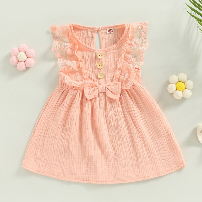 Summer Baby Girl Sweet Dress with Lace Flowers and Bowknot