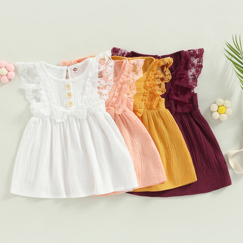 Summer Baby Girl Sweet Dress with Lace Flowers and Bowknot