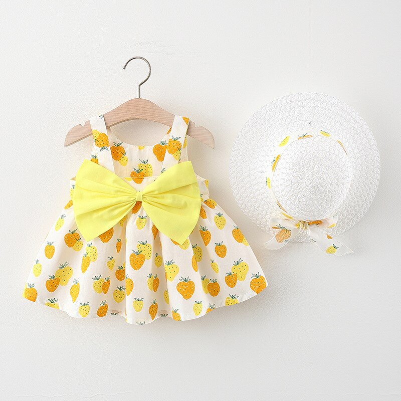 Summer Sweetness - Baby Girl Dress with Strawberry Bow and Hat