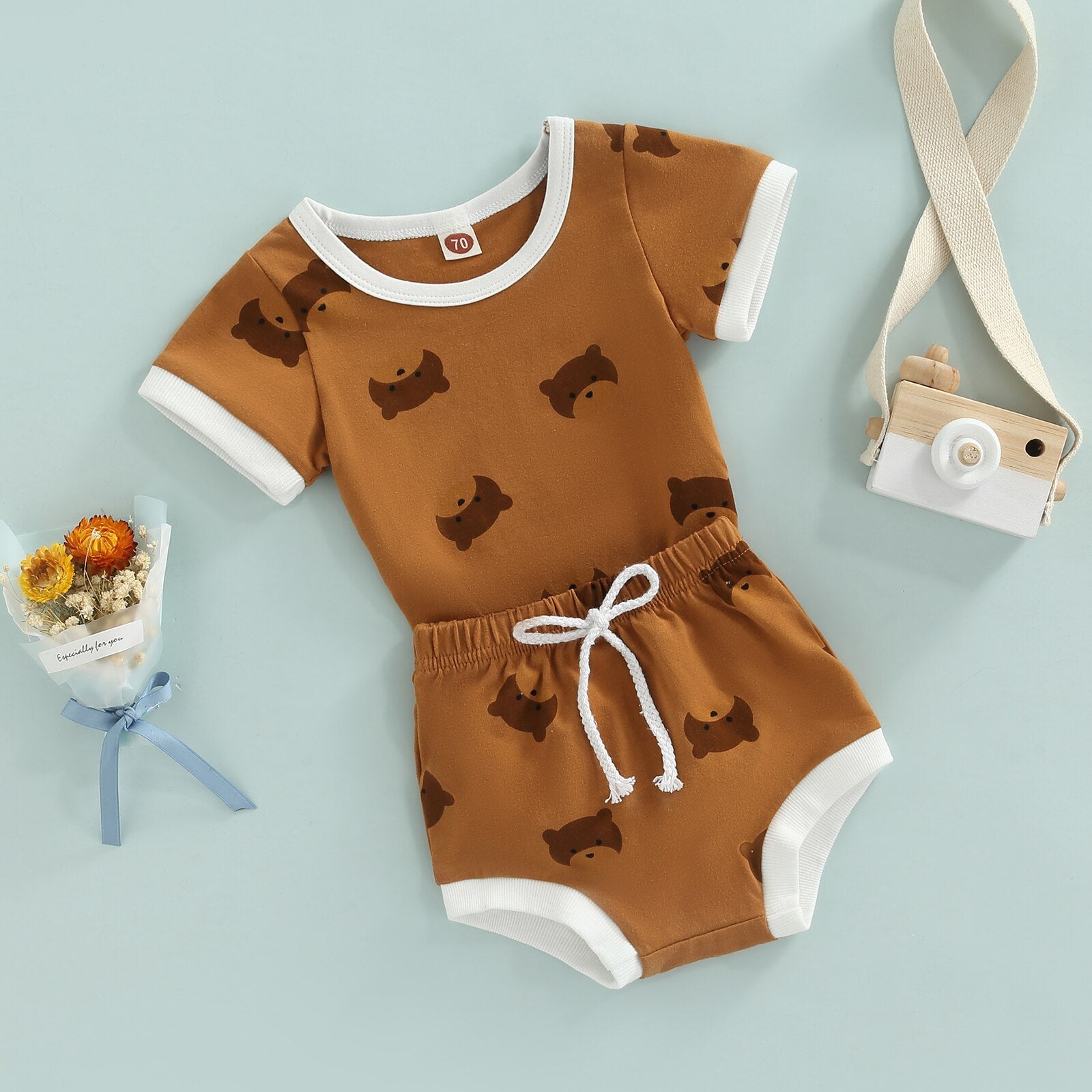 Adorable Baby Girl Boy Jumpsuit Set with Cute Cartoon Bear Print for Summer