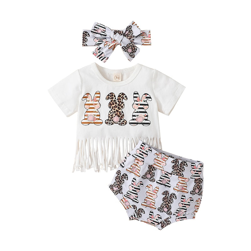 Summer Newborn Baby Girls Independence Day Clothes Sets Rabbit Letter Print Short Sleeve Tassels T-shirts+Shorts Casual Outfits