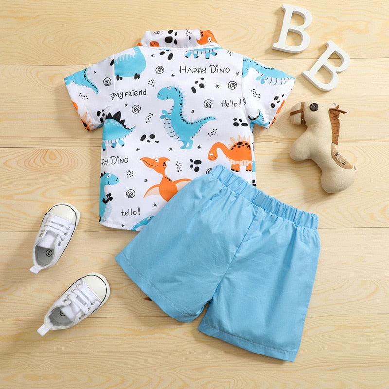 Stylish Summer Baby Boys Clothing Set - Short Sleeve Dinosaur Button-Down Collar Blouse and Drawstring Shorts