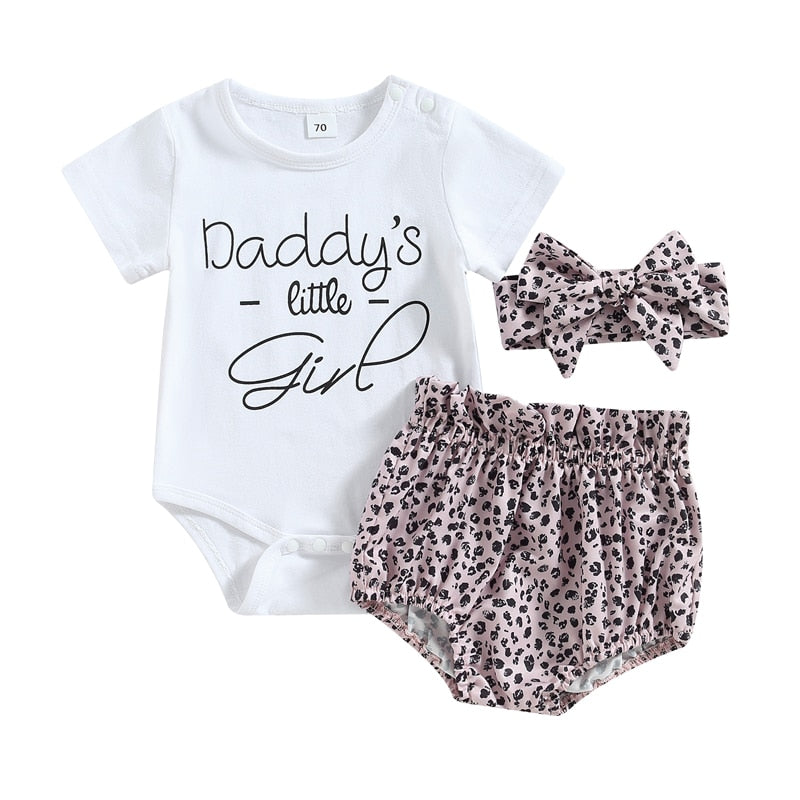 Lovely Baby Girl Summer Clothes Sets 0-18M Letter Print Short Sleeve Bodysuits+Ruffles High Waist Shorts+Headband Outfits