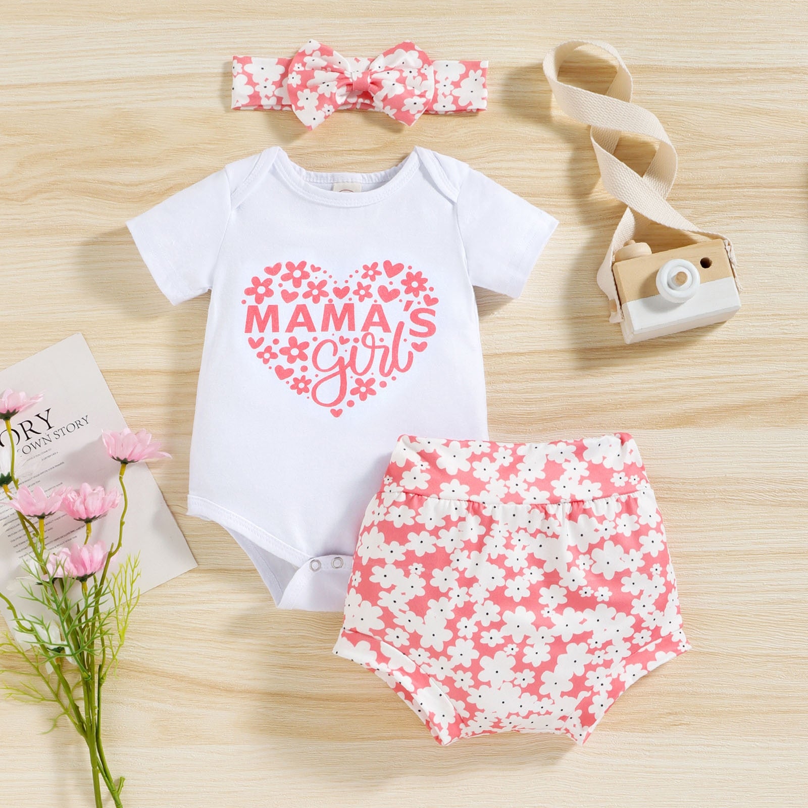 Toddler Girls 3-Piece Heart Print Romper and Shorts Set