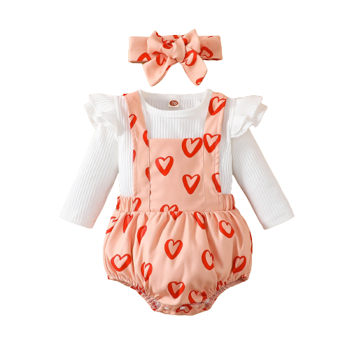 Valentine's Day Infant Baby Girls Clothes Sets - Ruffled Sleeve Tops, Love Print Shorts, Headband