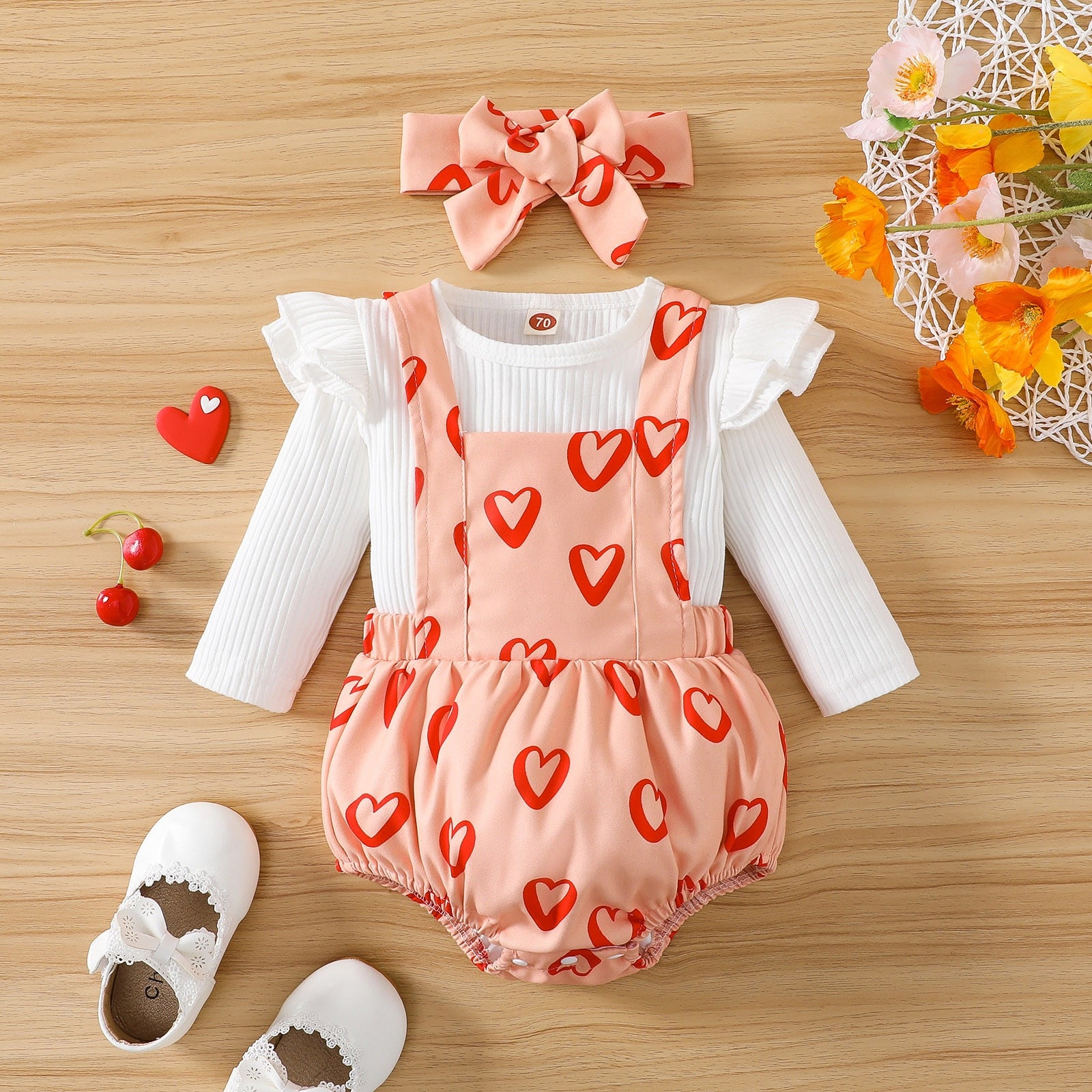 Valentine's Day Infant Baby Girls Clothes Sets - Ruffled Sleeve Tops, Love Print Shorts, Headband