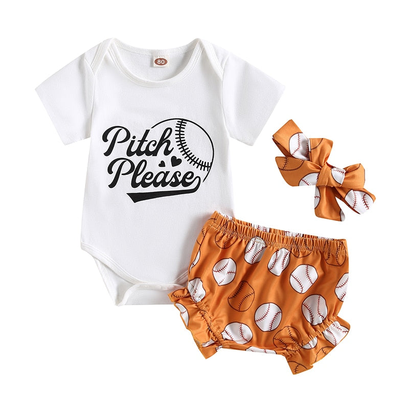 Adorable Summer Outfit for Newborn Baby Girls: Letter Rompers, Baseball Print Ruffles Shorts, and Headband Set