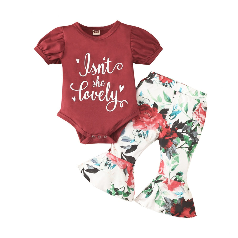 Flower Power! Girls' Baby Clothes Set with "One" Bodysuit and Bell Bottom Pants